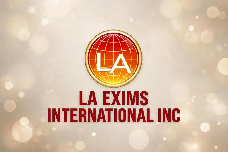 LA EXIMS International Inc. logo on a warm golden bokeh background